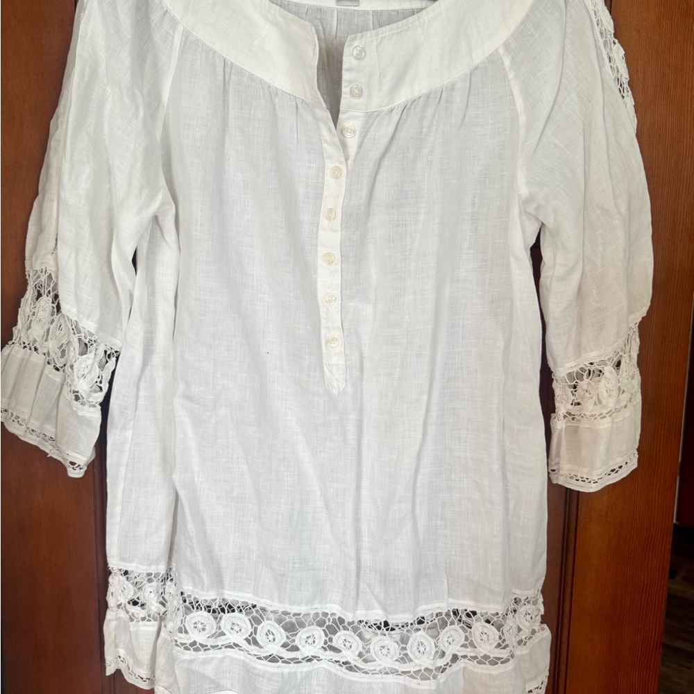 Chico's Optic White 100% Linen Western Lacey Tunic Top Boho Chic Size 2 - Large
